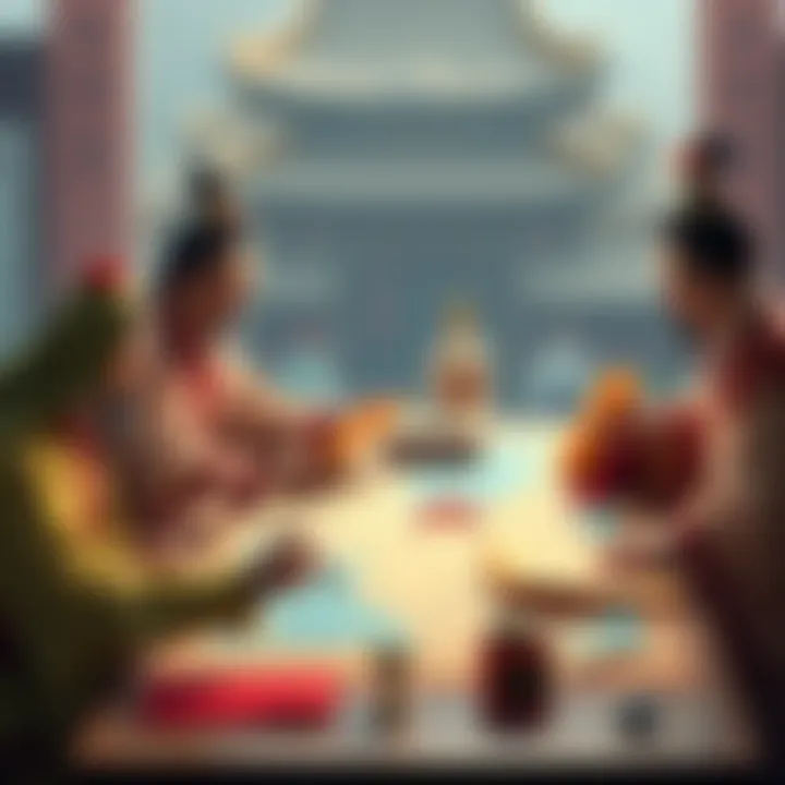 Ei Sei and Shou Hei Kun sit at a table, engaged in a serious conversation about unifying China, with maps and scrolls spread out before them.