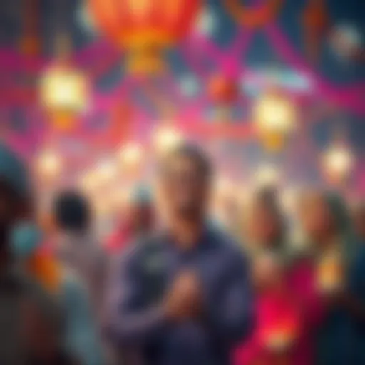 People celebrating Eid with colorful decorations and joyful expressions, reminding Fujimoto to stay alert during the festivities.