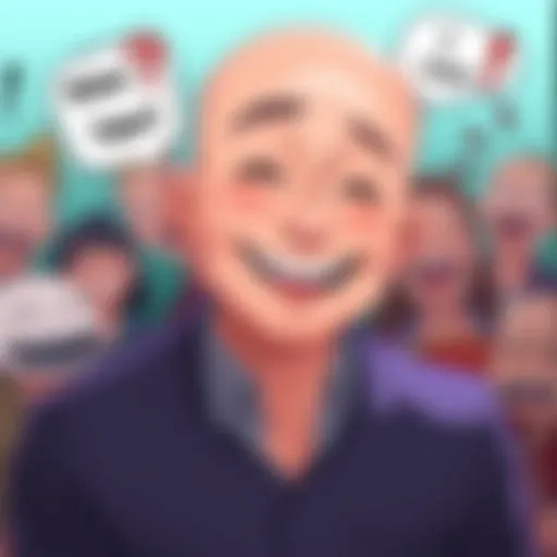Character Eiji smiling with a bald head, surrounded by cartoonish laughter and jokes about baldness