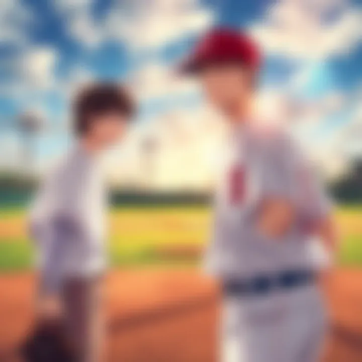 Eijun and Furuya facing off on the baseball field, showcasing their competitive spirits as they prepare for a pitch.