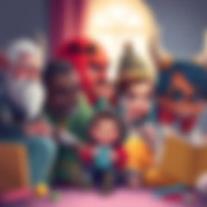 Einherjer Babysitting Rankings A colorful illustration of iconic Einherjer figures gathered around a child, discussing babysitting techniques with playful expressions, showcasing their personalities.