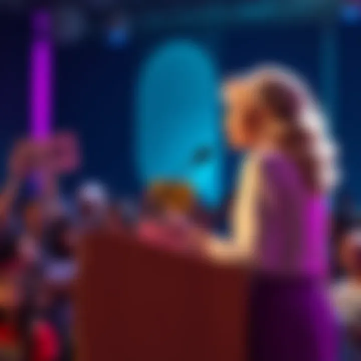 Elara giving a speech while addressing concerns about transphobia, with an audience of activists in the background