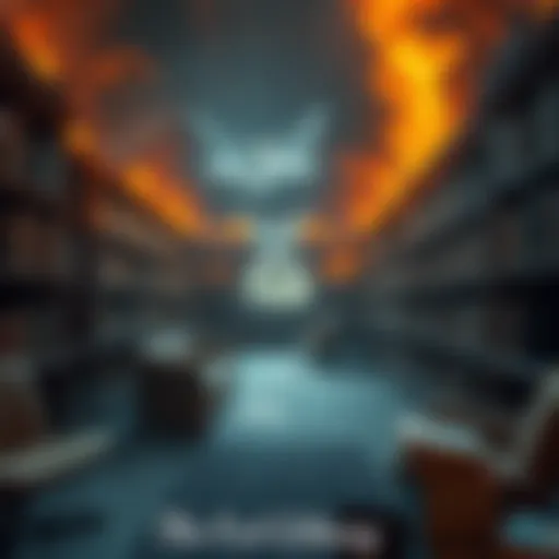 The owl library in Elbaf remains intact, showing no damage from the recent fire, surrounded by books and shelves.