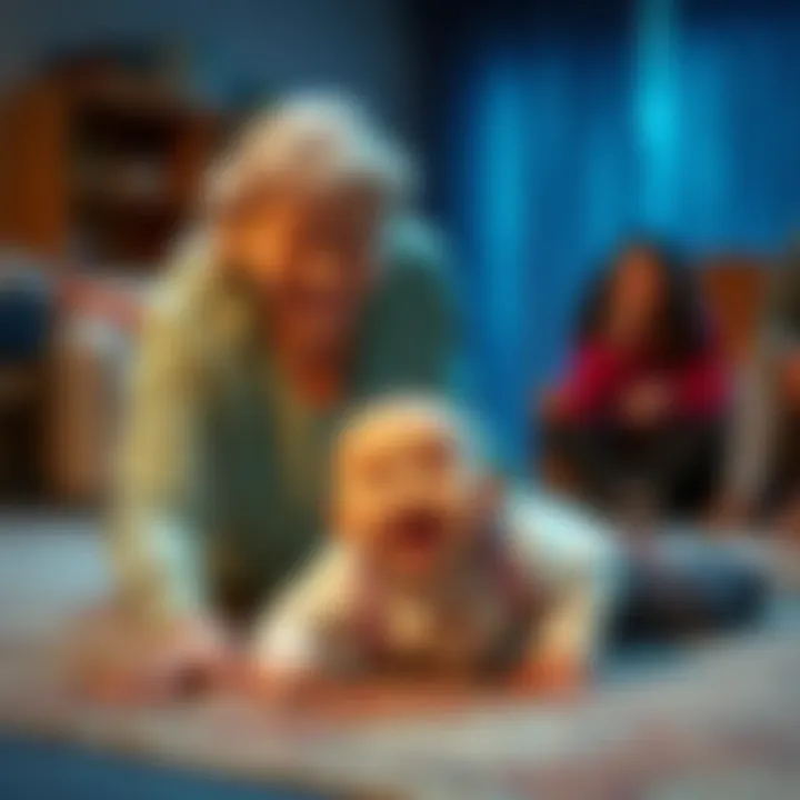 An elderly woman is joyfully acting like a baby, crawling on the floor and smiling, captivating her audience with her playful expression.