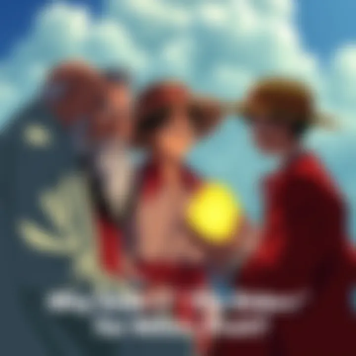 A group of stern-looking elders in formal attire discussing a young man with a straw hat, representing Luffy, who is shown with a glowing fruit near him, symbolizing Nika's fruit.
