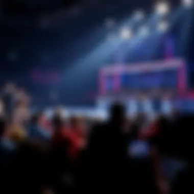 A crowded debate stage with candidates engaging in a lively discussion, microphones in front of them, as an audience watches eagerly.