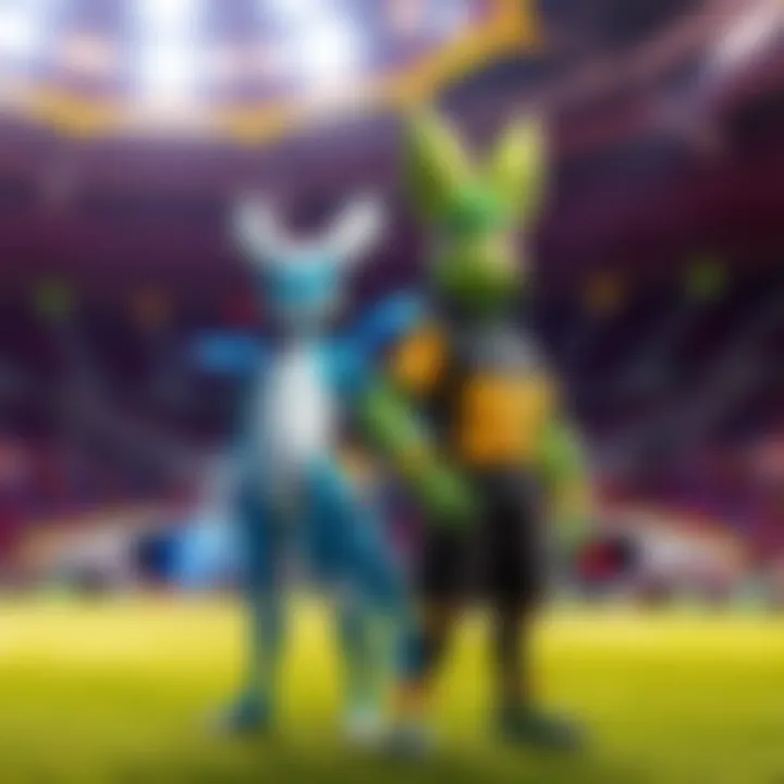 An electric type character stands confidently next to Mushashi, a grass type character, both ready for action. The background features a colorful arena. 