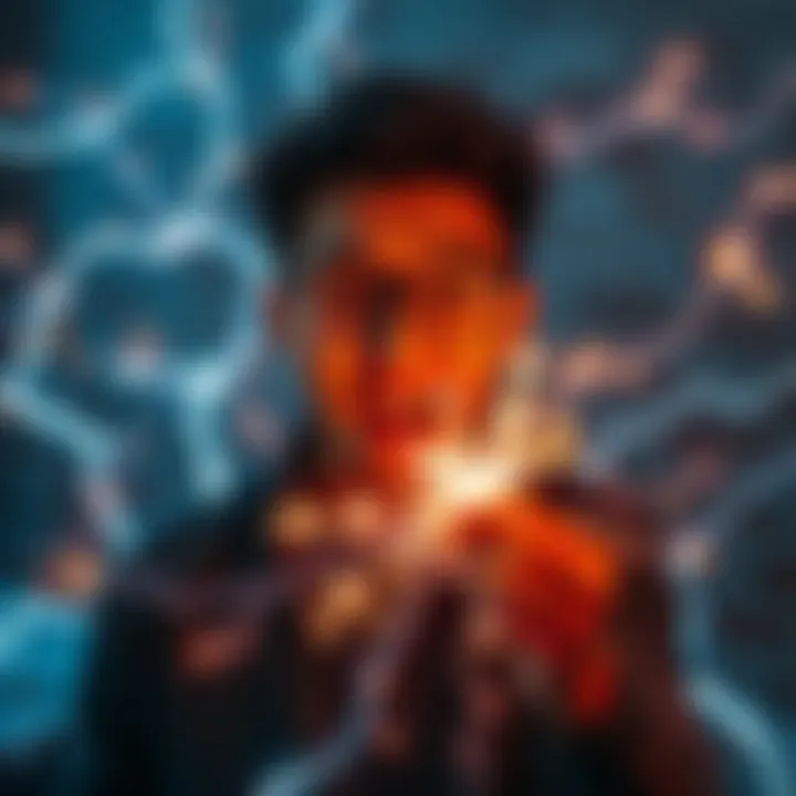 A person surrounded by electric sparks, representing the choice of electrification as a superpower. They express excitement and energy as they engage in a discussion about unique abilities.
