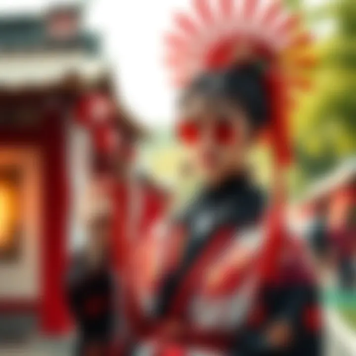 A fashionable person dressed as a shrine maiden, featuring traditional attire with modern style elements and accessories, showcasing a unique blend of cultures.