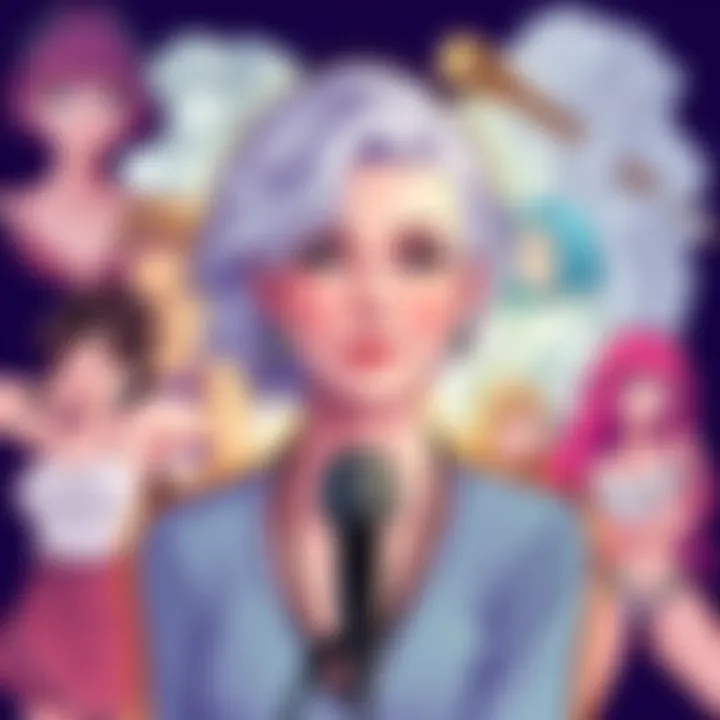 A colorful illustration of voice actress Elsie Lovelock surrounded by various character sketches representing her diverse roles in anime, video games, and adult animation.