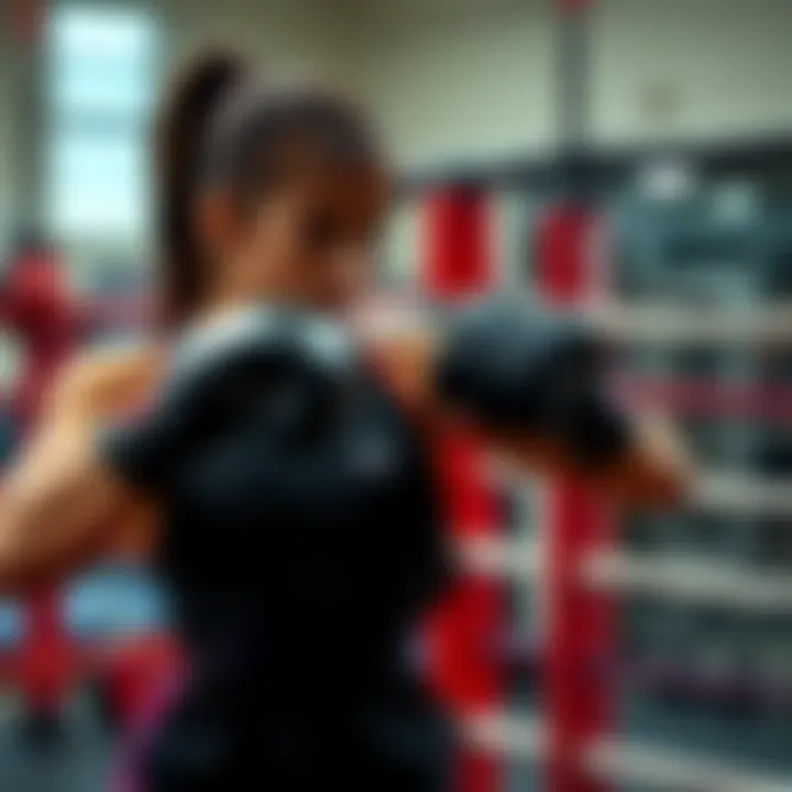 A focused athlete, Emi, intensely trains in a gym, preparing for her next fight. She's using weights and practicing her technique.