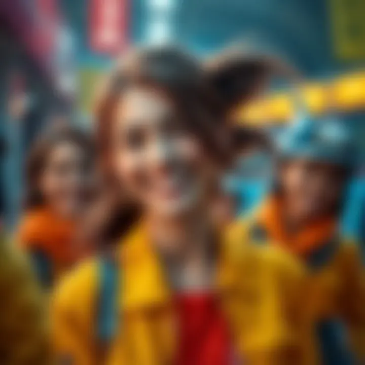 Emily Rudd smiling and portraying Nami with her crew, showcasing her cheerful personality and bright outfit.