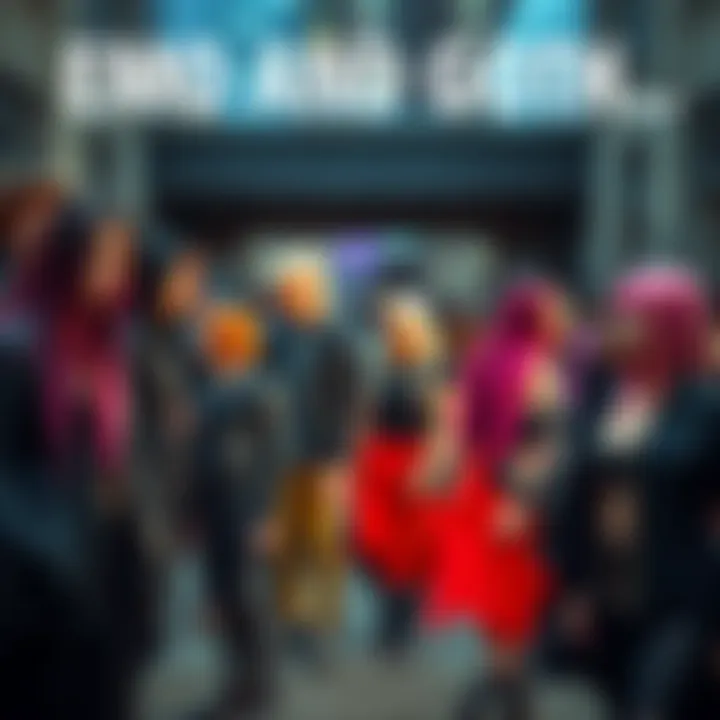 A vibrant gathering of people showcasing emo and goth fashion styles, with dark clothing and colorful hair, standing together in an urban setting.