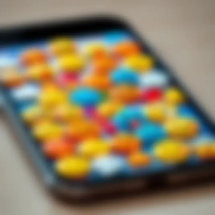 A close-up of a smartphone showing a variety of colorful emojis used in text messages.