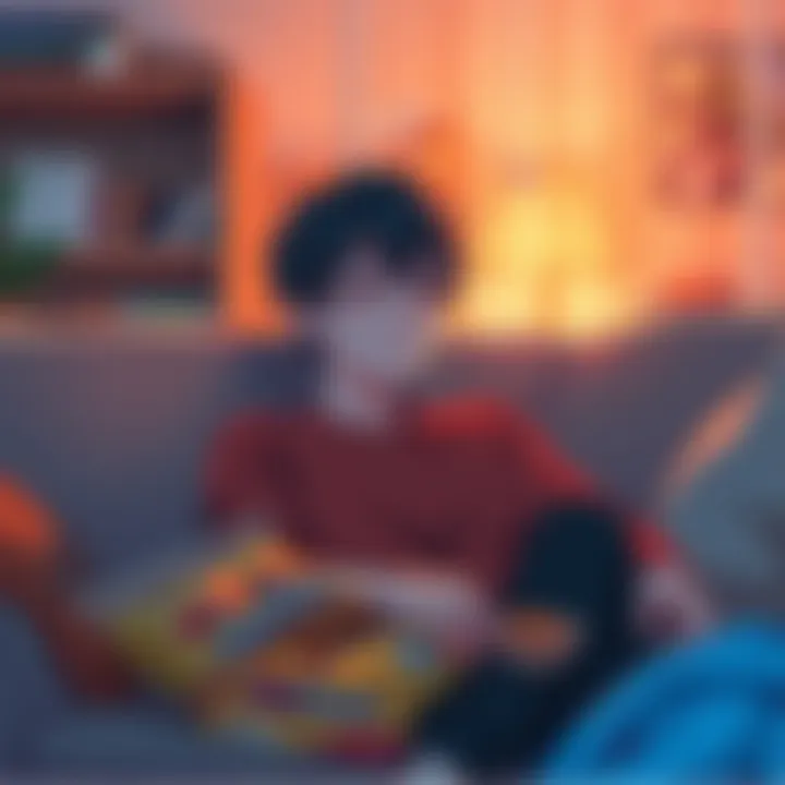 Emotional scene from heartfelt anime films A person sitting on a couch with tears in their eyes after watching emotional anime films, surrounded by snacks and a cozy atmosphere.