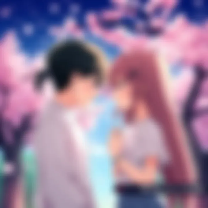 Two anime characters sharing a heartfelt moment under cherry blossom trees, representing emotional connections in stories.