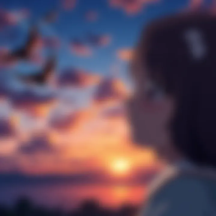 A character in an anime crying while looking at a sunset, deeply moved by a heartfelt moment.