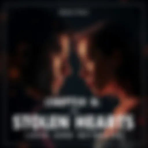 Two people face each other with tense expressions, showing the strain of love and betrayal, surrounded by dark and light contrasts representing their conflicting feelings.