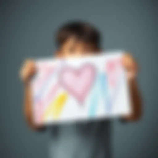 A young boy proudly holds up his heartfelt drawing, showcasing bright colors and expressive lines that convey deep emotions.
