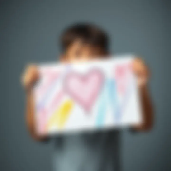 Emotional Drawing by a Child A young boy proudly holds up his heartfelt drawing, showcasing bright colors and expressive lines that convey deep emotions.