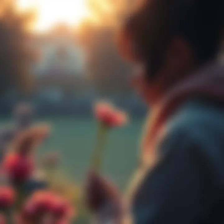 A person stands by a grave, holding a flower with tears in their eyes, symbolizing loss and remembrance.
