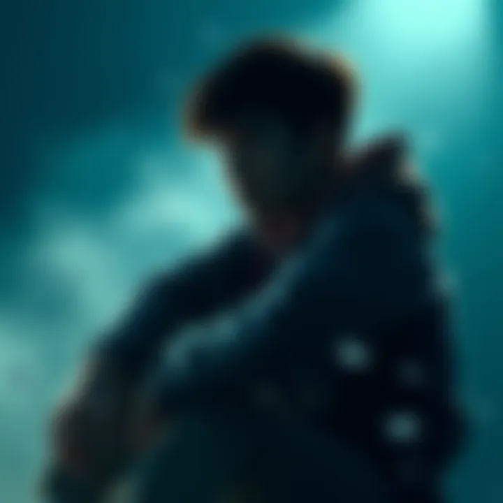 A person sitting alone, looking pensive and lost in thought, surrounded by a soft light that conveys a sense of sorrow and resilience.