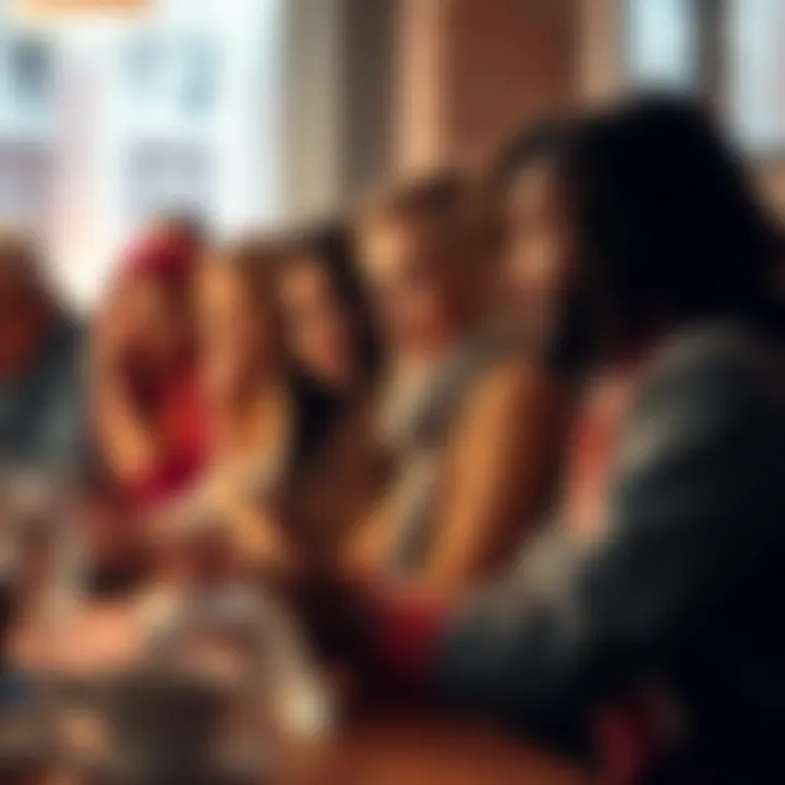 A group of people with teary eyes sharing heartfelt stories in a warm, cozy setting