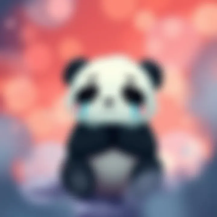 Emotional Panda Character A cute panda character with tears, symbolizing deep emotions, sits surrounded by a soft, colorful background that conveys sadness and reflection.