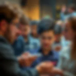 A group of people reading a touching online comment, some wiping tears from their eyes, showing emotional responses