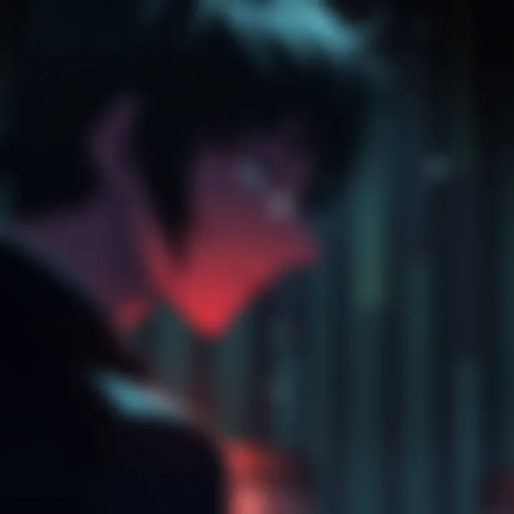 A character from Tokyo Ghoul looks sorrowful as they reflect on a painful memory, surrounded by dark shadows.