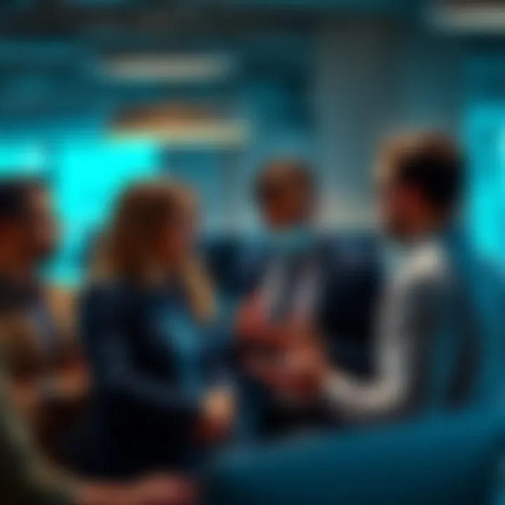 Group of employees talking about Mastercard promotions at work, showing mixed emotions