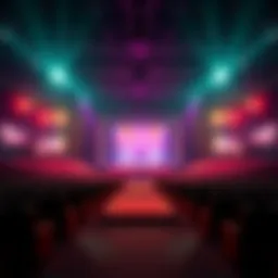 A view of an empty concert venue with a stage set up for Serendipity, showcasing available seats and colorful lights