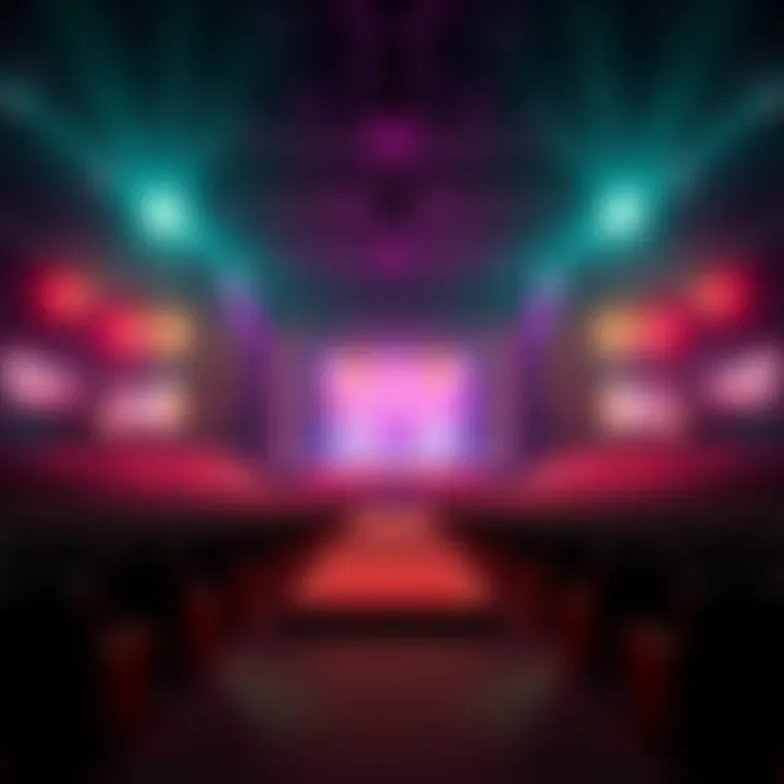 A view of an empty concert venue with a stage set up for Serendipity, showcasing available seats and colorful lights