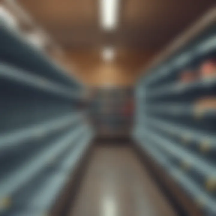 Grocery store shelves nearly bare, showing signs of food shortages due to the global food crisis.