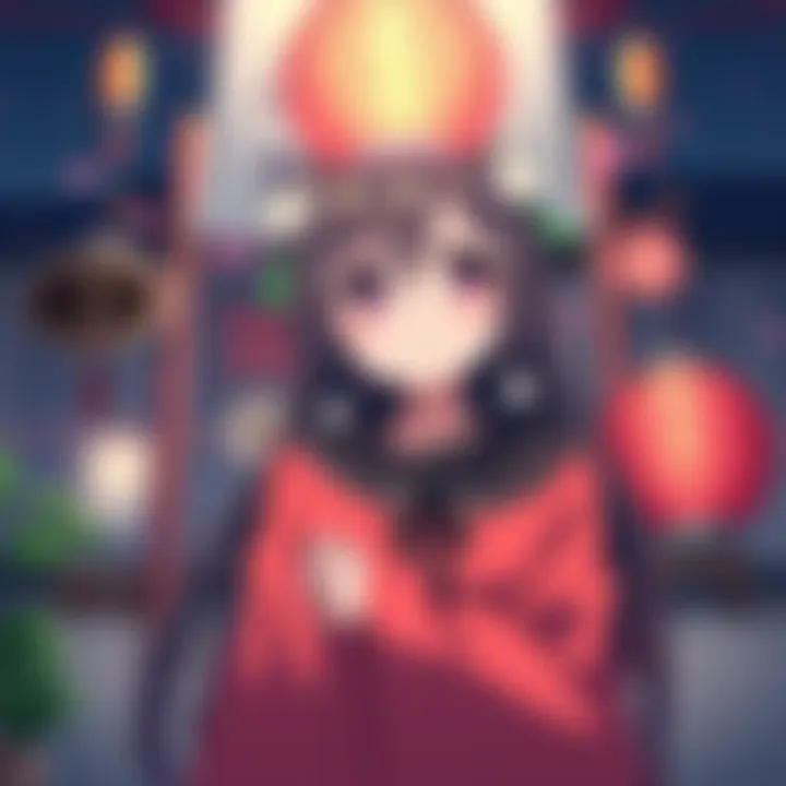 Ena-chan looks embarrassed while surrounded by traditional Hyakumonogatari elements, expressing her feelings with a shy smile.