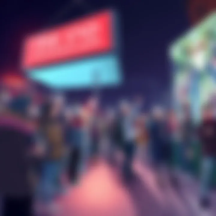 Fans excitedly waiting for The End of Evangelion screening with posters and merchandise