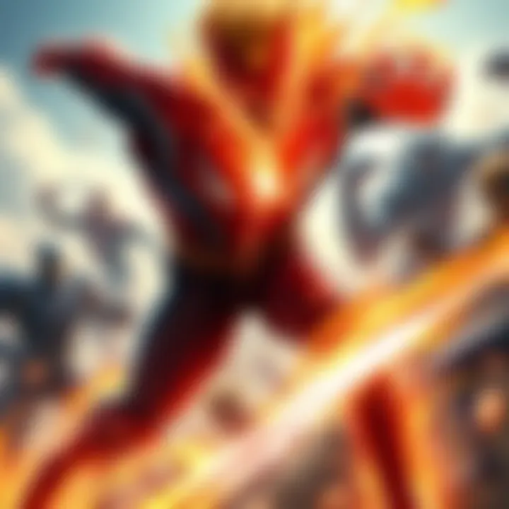 Endeavor, a hero with fire abilities, battles against villains while showing determination and strength, emphasizing his potential as a top hero without overheating issues.