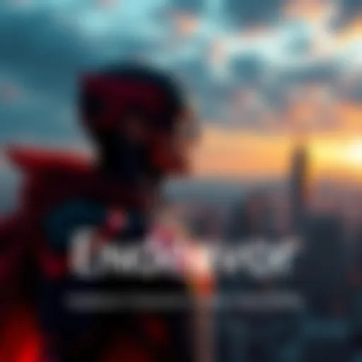 A superhero, Endeavor, looks thoughtfully at a city skyline, symbolizing his growth and responsibility as a hero and father.