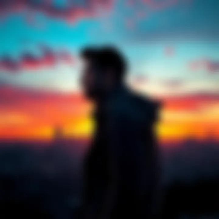 Endeavour stands with a solemn expression, looking towards a distant city skyline as he thinks about his past actions. The scene reflects a moment of contemplation amidst a vibrant sunset.