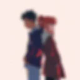 Enemies to Lovers Concept Illustration of two characters standing back to back, showing contrasting personalities, with a hint of connection developing between them, symbolizing the journey from conflict to understanding.