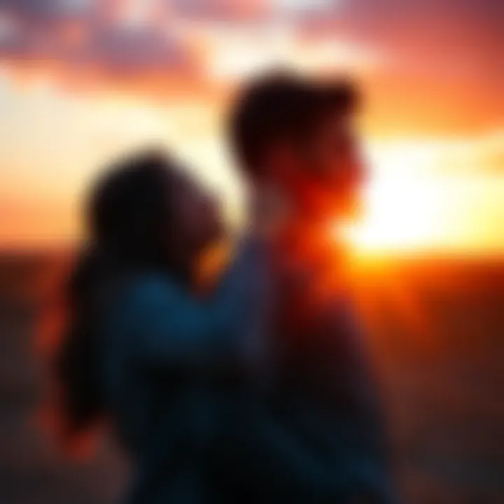 A couple transitioning from conflict to affection, showing emotional growth and connection, with a warm sunset background.