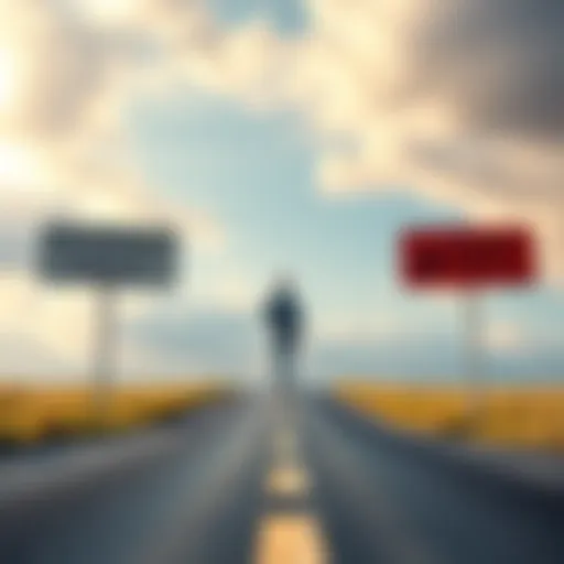 A person standing at a crossroads with signs pointing to renewable energy and fossil fuels, symbolizing energy decision-making.