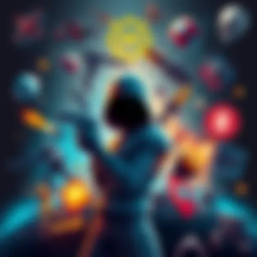 A collage of gameplay mechanics, character development, and story elements for a database game.