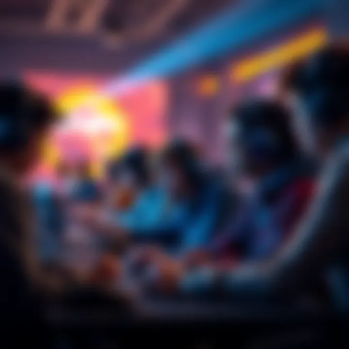 A group of gamers interacting with Enjin's platform, showcasing gaming equipment and community discussions.