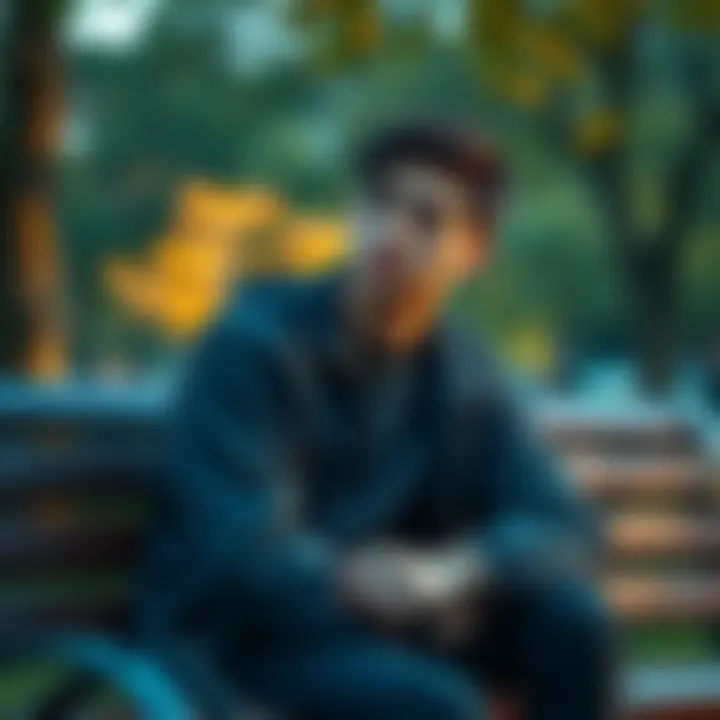 A young man with a thoughtful expression, sitting on a park bench, reflecting on life, surrounded by nature.