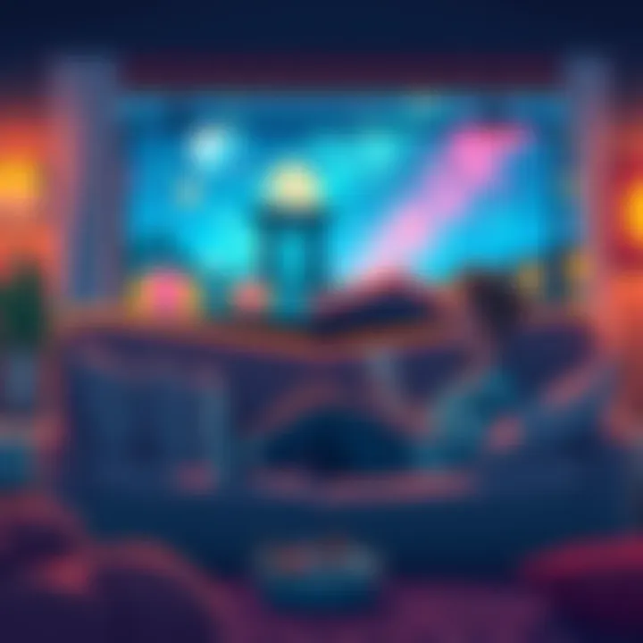 A person watching a colorful Ghibli film on a cozy couch with snacks, looking relaxed and happy.