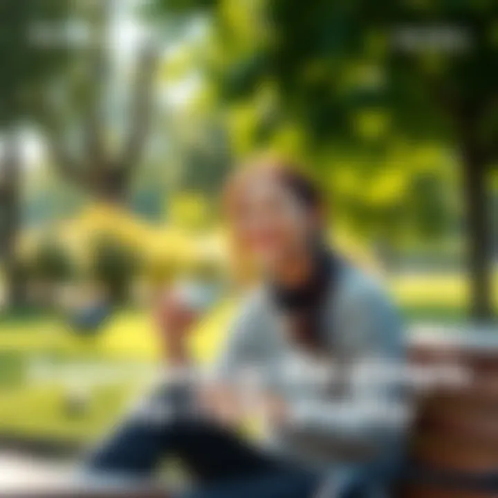 A person sitting in a sunny park, smiling while holding a cup of coffee and watching birds, enjoying the moment.