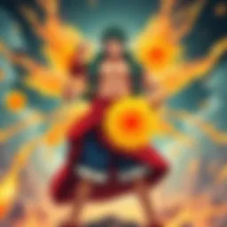 Eos Luffy with Garp-Level Haki and Sun God Fruit Eos Luffy stands confidently, radiating energy while showcasing Garp-level haki and holding the Sun God fruit.