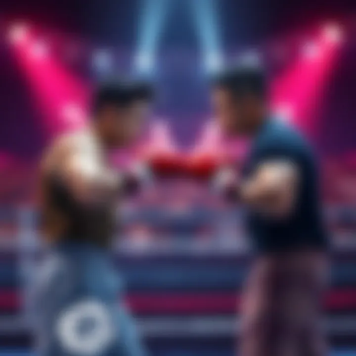 EOS Yuji stands ready in a boxing stance facing off against Yuta, both showing intensity and determination, set in a vibrant arena with cheering fans.