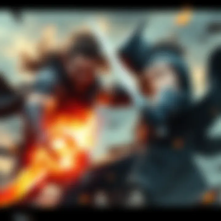 Two powerful characters engage in an intense showdown, surrounded by dramatic scenery.